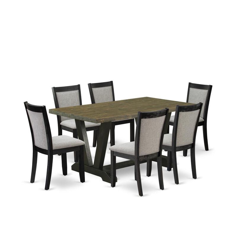 V676MZ606-7 7 Pc Dinette Set - Distressed Jacobean Wood Table with 6 Shitake Kitchen Chairs - Wire Brushed Black Finish