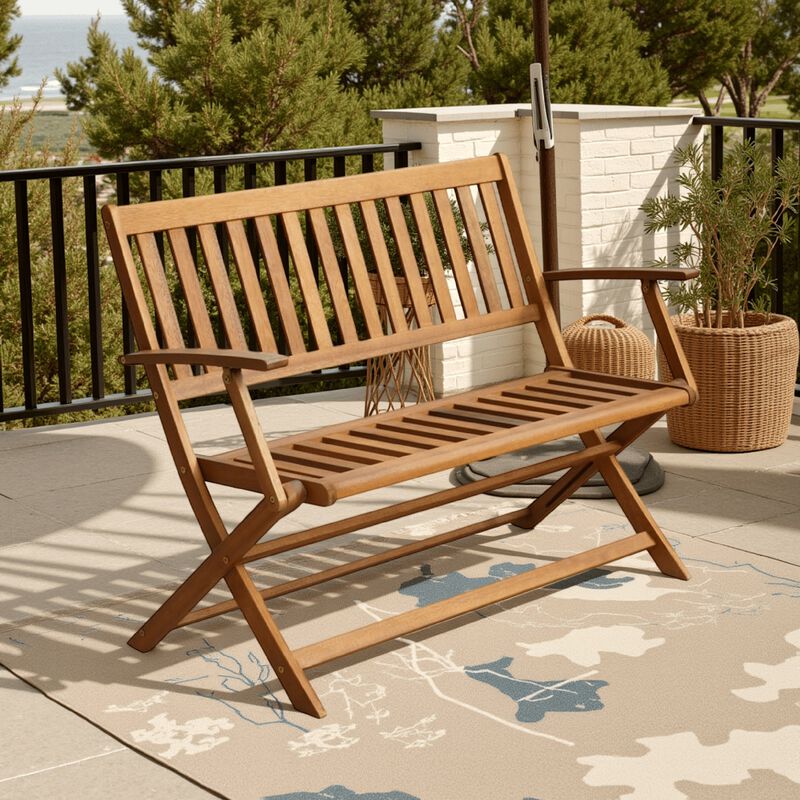 Jenny Outdoor Bench, 47 Inch, Brown Acacia Wood, Folding X Cross Legs - Benzara