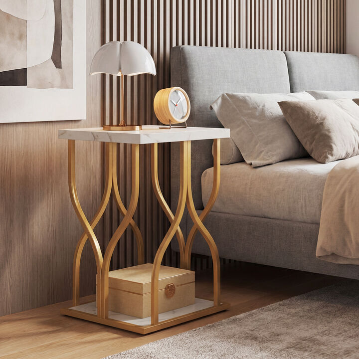 Faux Marble Bedside Night Stand with Petal-Inspired Metal Frame