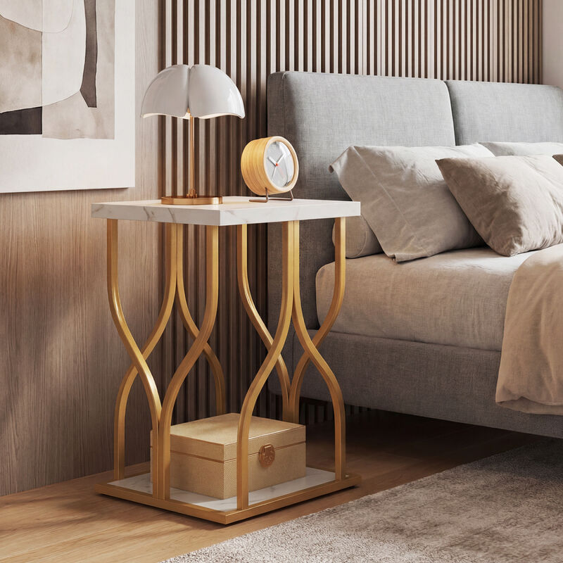 Faux Marble Bedside Night Stand with Petal-Inspired Metal Frame image number 1