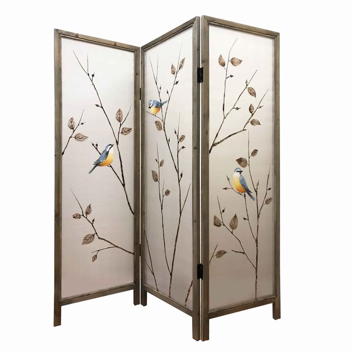 Art Styled 3 Panel Wooden Screen with Hand painted Fabric Design, Beige - Benzara