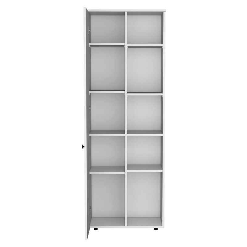 Kitchen Storage Cabinet 67" H, One Door, Five Interior Shelves and Five Exterior Storage Shelves, White/Black