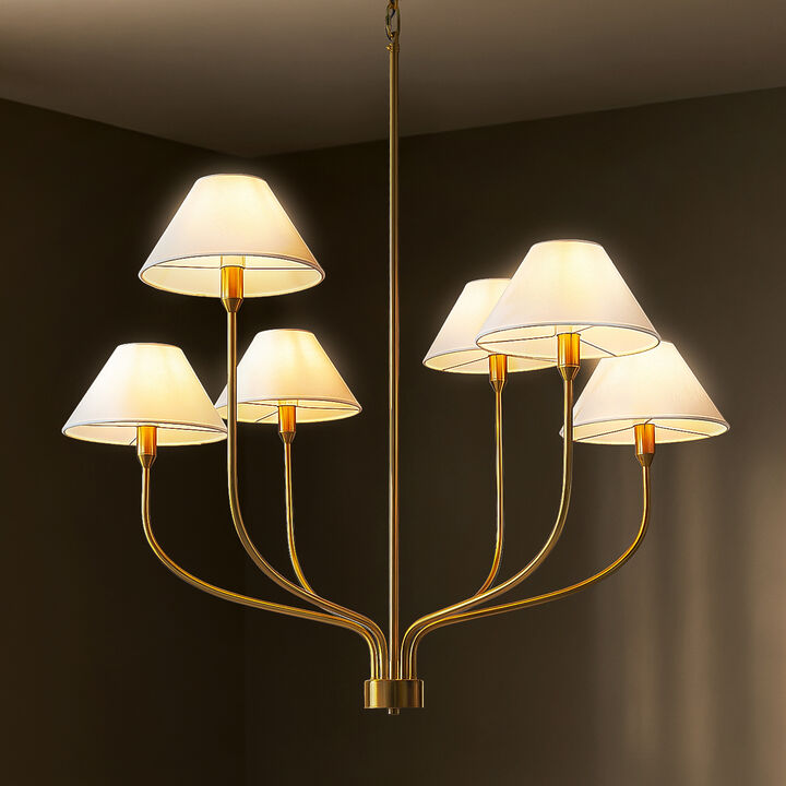 36'' 6-Light French Modern Warm Brass Curved Staggered Chandelier with White Fabric Shades for Dining Room