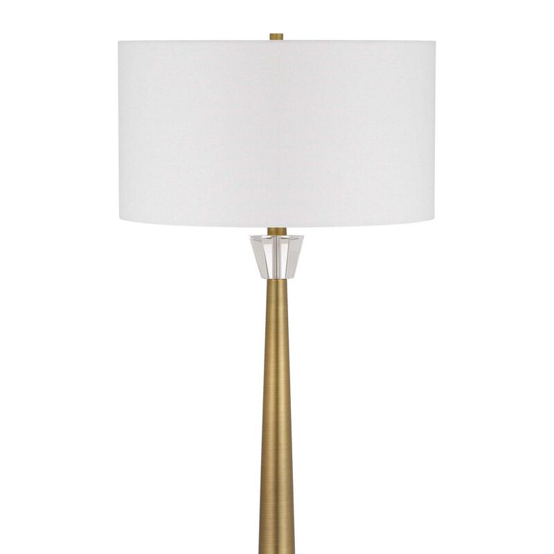 62 Inch Floor Lamp with White Drum Shade, Marble Base, Crystal, Brass - Benzara