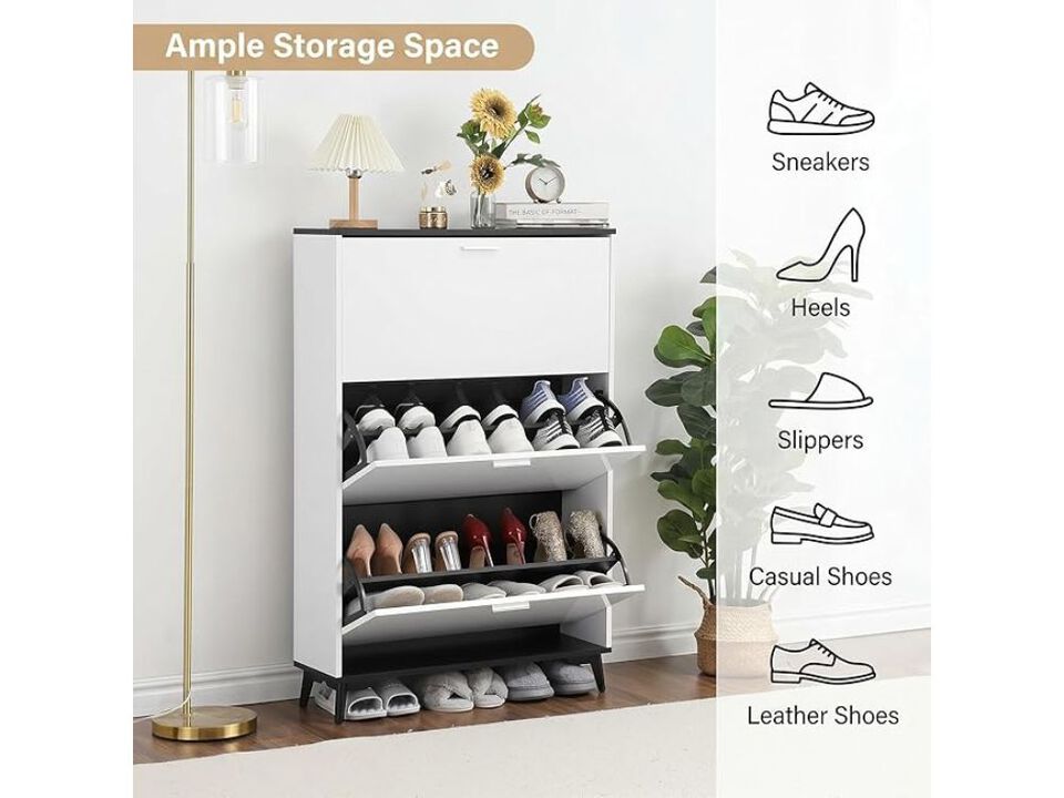 Slim Entryway Shoe Storage Cabinet Flip Drawer White 3 Drawers