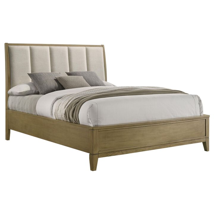 Heon Queen Bed, Block Panel Headboard, Ivory Upholstery, Pine Wood - Benzara
