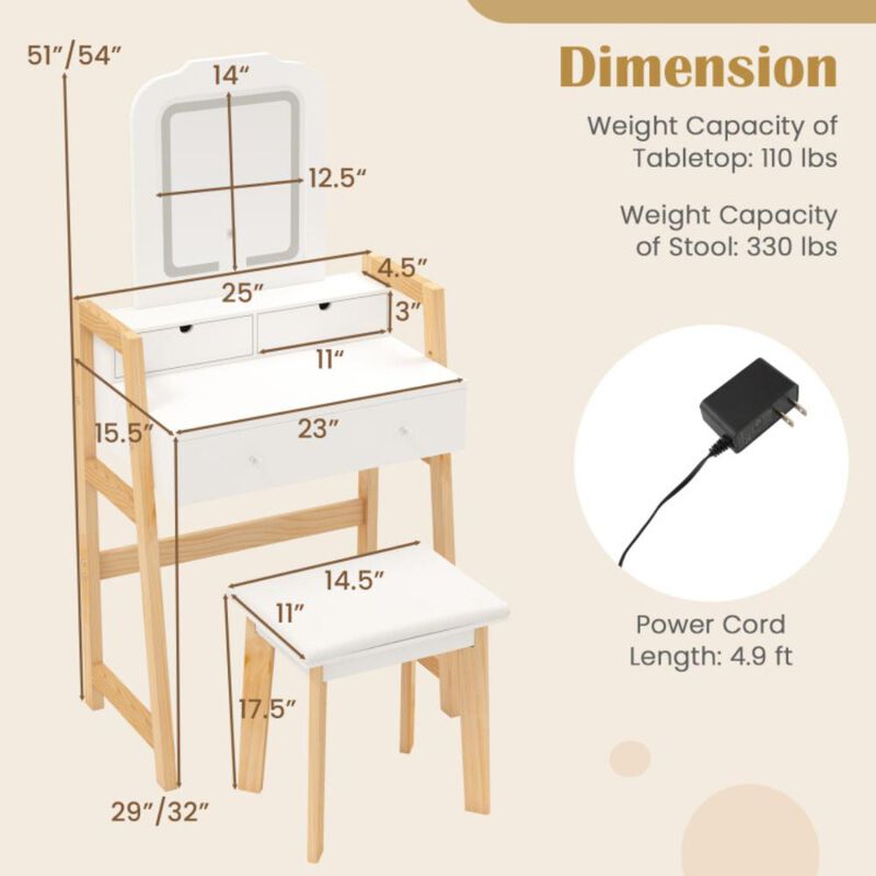Hivvago Adjustable Height Vanity Desk Set with 3-Color LED Lighted Mirror and Drawers