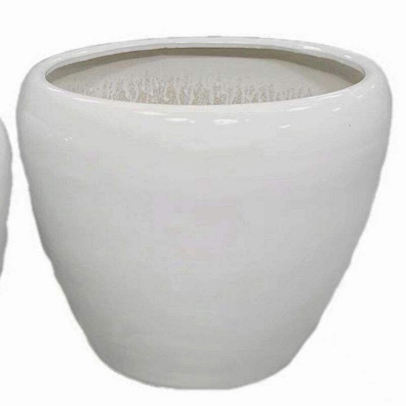 Garden Planter Set of 2, Modern Bowl Shaped Flower Pot, White Ceramic - Benzara