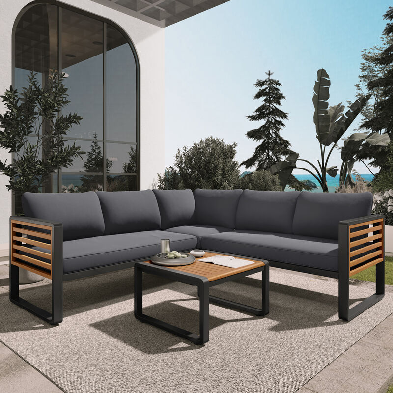 Whisen 4-Piece Metal & Wood Patio Set: L-Shaped Sectional with Cushions & Table