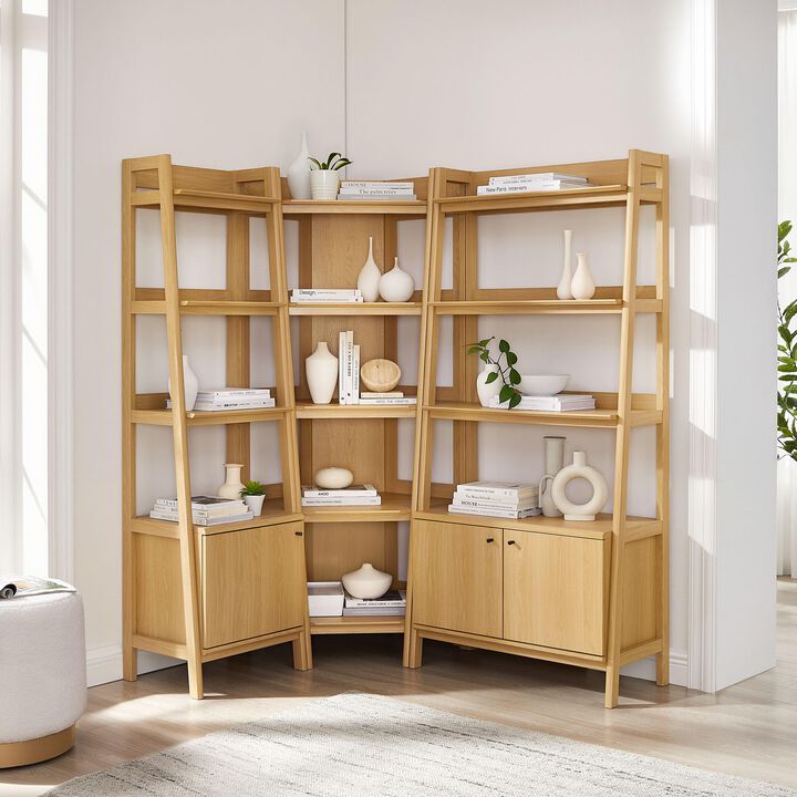 Modway Bixby 3-Piece Corner Bookshelf Set with Wide and Narrow Bookcases in Walnut &ndash; 12-Tier Wood Bookcases with Open Shelves and Base Cabinets for Living Room, Bedroom, Or Home Office
