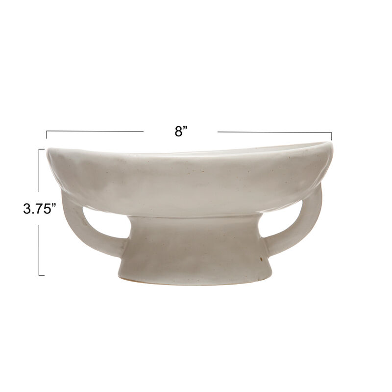 Stoneware Footed Pedestal/Bowl with Handles, Reactive Glaze, White image number 1