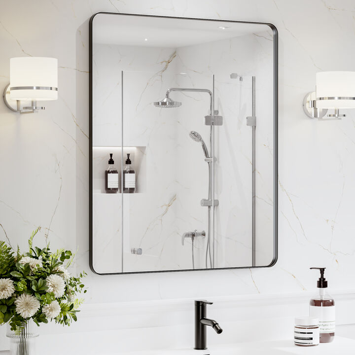30" x 36" Matte Black Aluminum Alloy Framed Bathroom Vanity Mirror, Horizontal & Vertical Mount HD Distortion-Free Wall Mirror for Bathroom Entryway Living Room