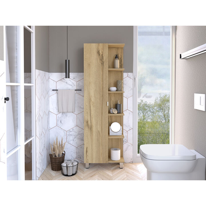 Urano Mirror Linen Cabinet, Four Interior Shelves, Five External Shelves -Light Oak