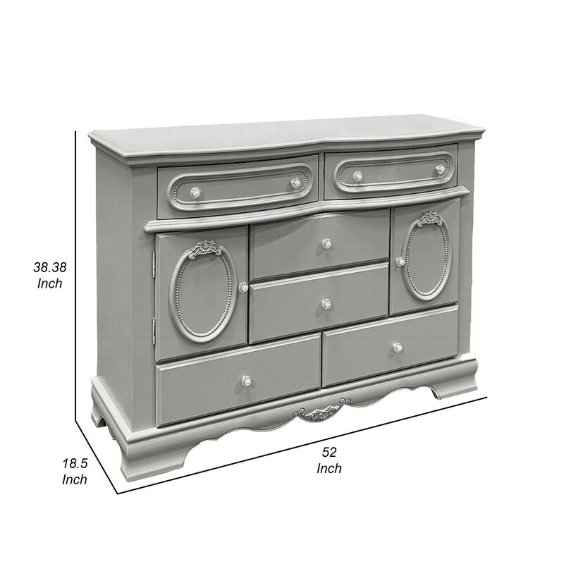 Auri Kids Wide Dresser Chest with 6 Drawers, Scalloped Base, Gray Wood - Benzara