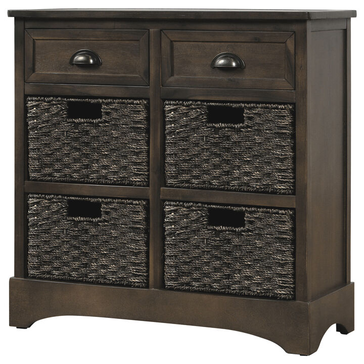 Rustic Storage Cabinet with Two Drawers and Four Classic Rattan Basket for Dining Room/Living Room (Brown Gray)