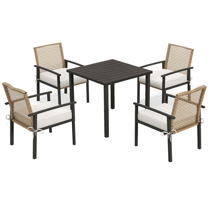 Outsunny 5 Piece Patio Dining Set, Outdoor Table and Chairs with Cushions, Wicker Furniture Dining Set with Umbrella Hole, Beige