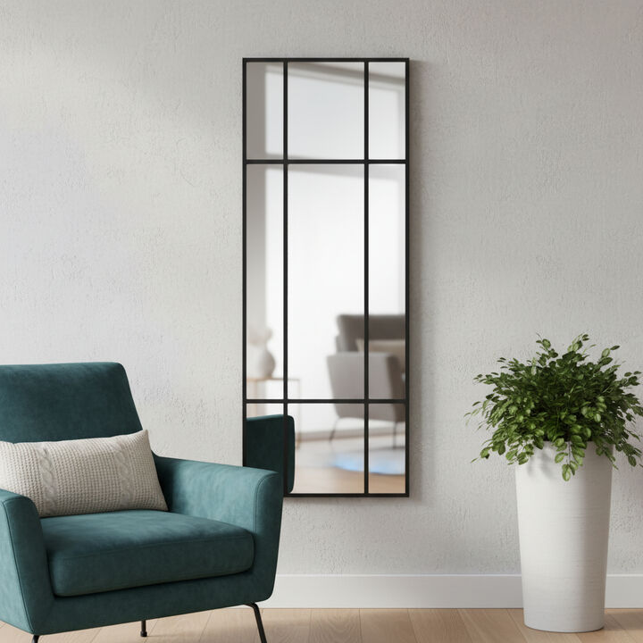 HomeRoots 63" Black Iron Window Pane Geometric Framed Full Length Hanging Mirror