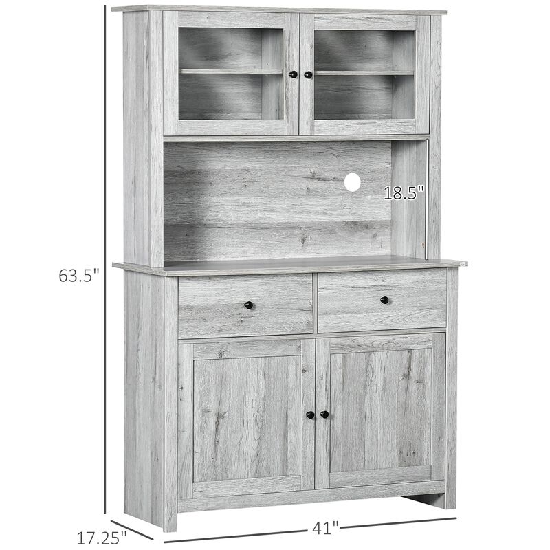 63.5" Kitchen Buffet with Hutch, Pantry Storage Cabinet with 4 Shelves, Drawers, Framed Glass Doors, Open Microwave Countertop, Ash Grey