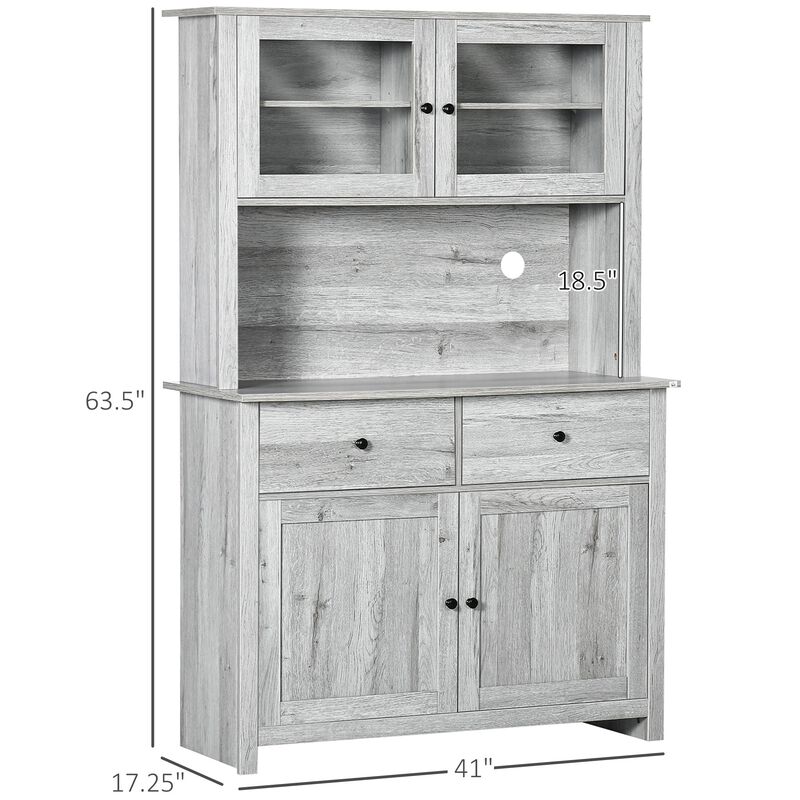 Ash Gray Kitchen Hutch: 63.5" Pantry with Glass Doors & Microwave Space