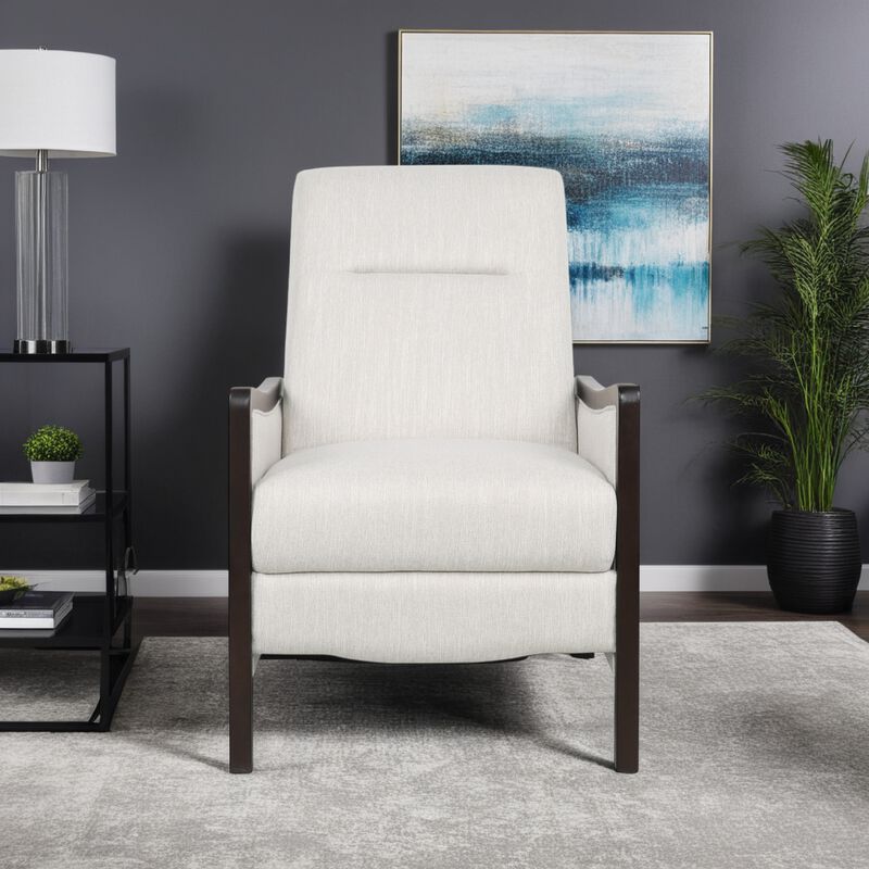 Reina Recliner Chair with Push-Back, Brown Birch Wood, Beige Fabric - Benzara