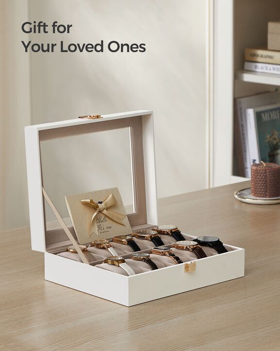 10-Slot Box with Glass Lid Jewelry Holder Case with Removable Pillow