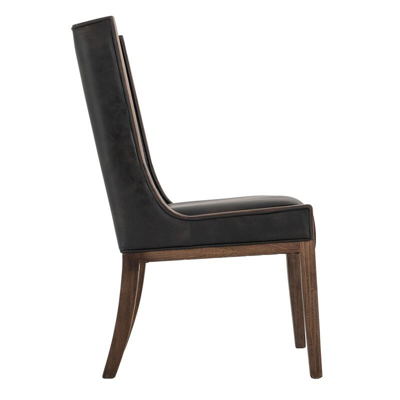Ally Dining Side Chair Set of 2, Walnut Brown Wood, Black Faux Leather - Benzara