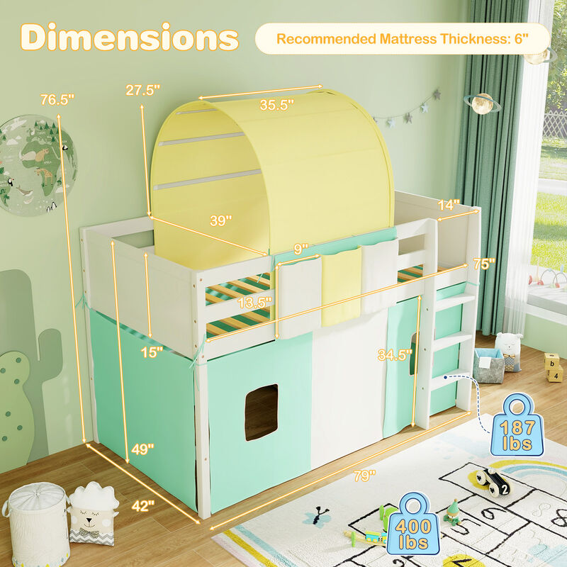 Loft Bed Playhouse Bed Frame with Tower Tent and 3 Storage Pockets
