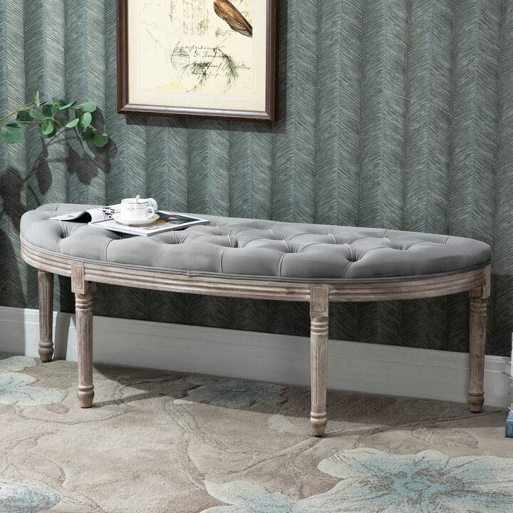 Vintage Semi-Circle Hallway Bench Tufted Upholstered Velvet-Touch Fabric Accent Seat with Rubberwood Legs - Grey