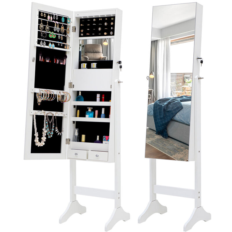 Hivvago Full Sized Body Mirror and Jewelry Cabinet Storage with LED Lights and Stand in