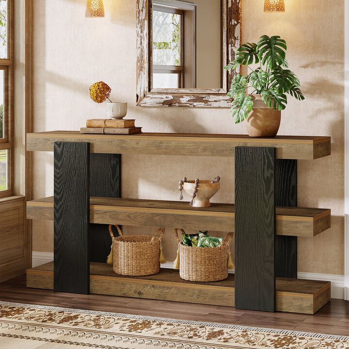 3-Tier Sofa Console Table with Storage for Entryway or Hallway-Rustic Brown