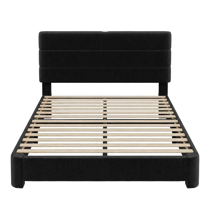 Vipbear Velvet Platform Bed Frame with Adjustable Headboard USB Charging Ports Noise Free, Black