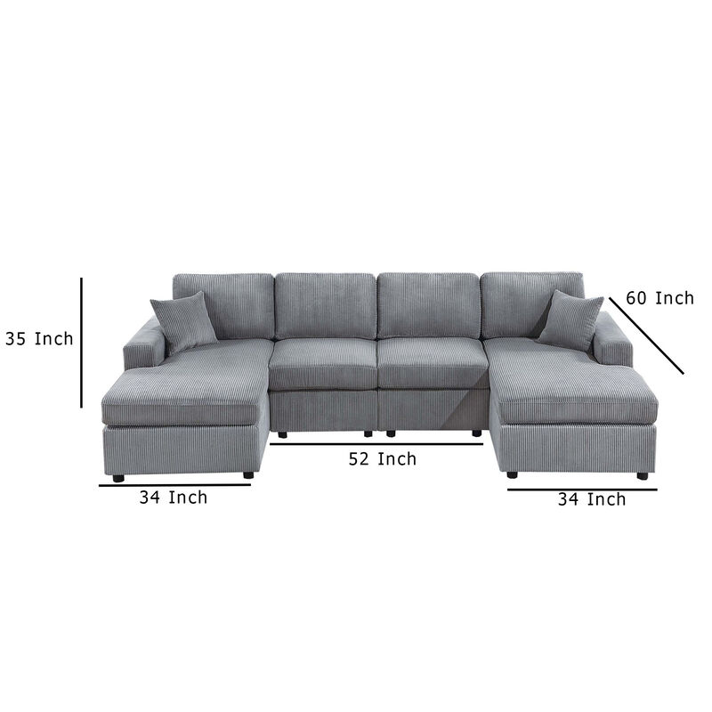 Iny U Sectional Sofa Chaise Armless Chair Set, 2 Pillows, Fog Gray - Benzara