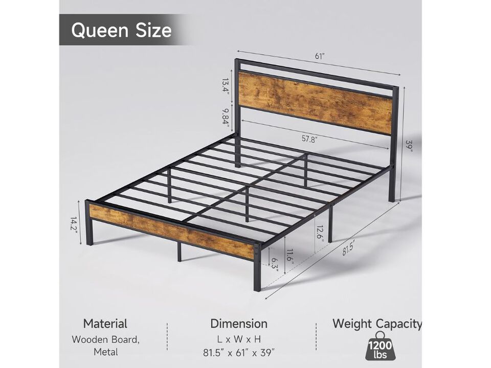 Queen Bed Frame With Modern Wood Headboard & Footboard, Upgraded Heavy Duty Metal Sturdy Bed Frame Queen Size, Stable Platform Bed Furniture Bed Storage, No Noise, No Box Springs, Vintage Brown