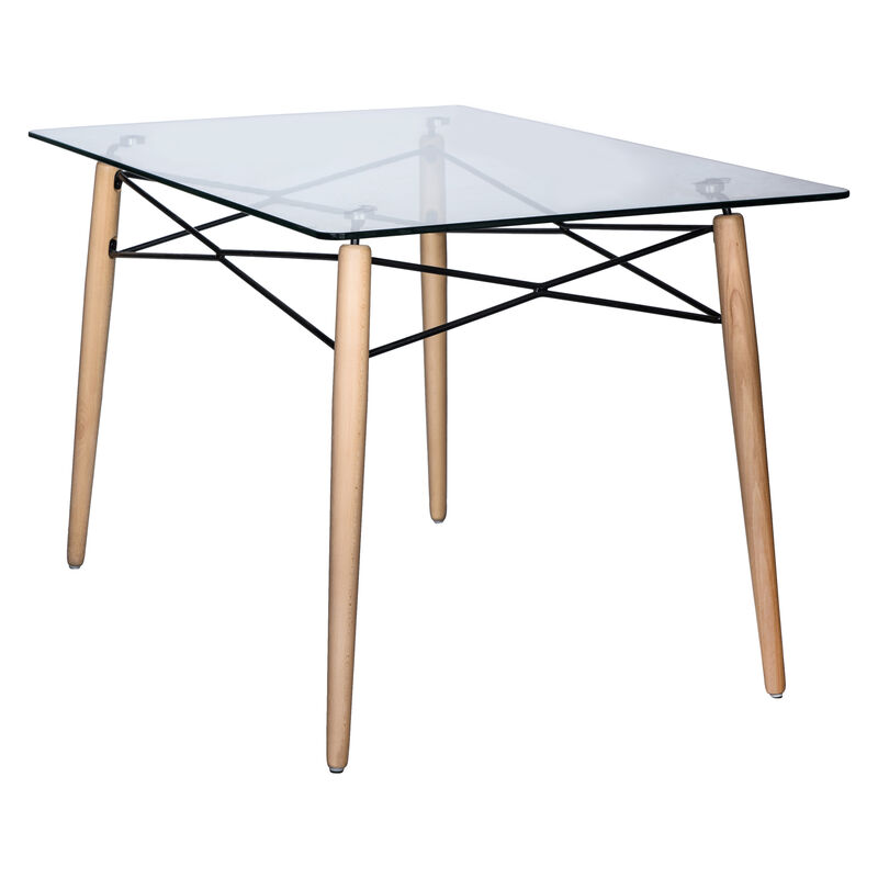 LeisureMod Dover Round Glass Top Dining Table W/ Natural Wood Eiffel Base