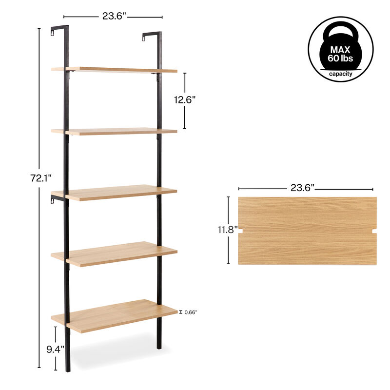 Madera  Industrial 5-Shelf Wood Wall-Mounted Open Ladder Bookcase