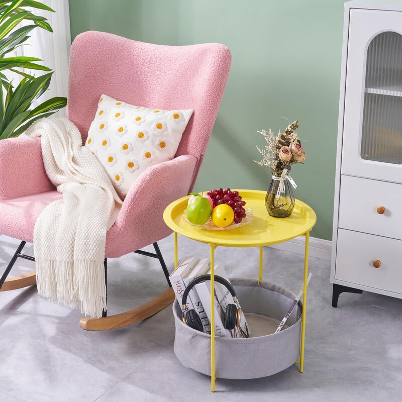 VECELO Round Side/End Table with Fabric Storage Basket