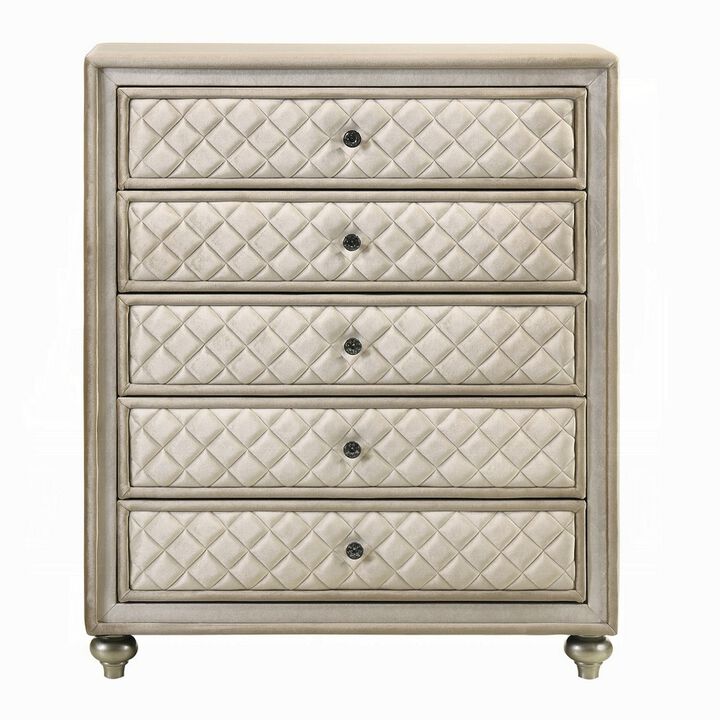 Willa Tall Dresser Chest, 5 Drawers, Faux Crystal, Tufted Beige Velvet - Benzara