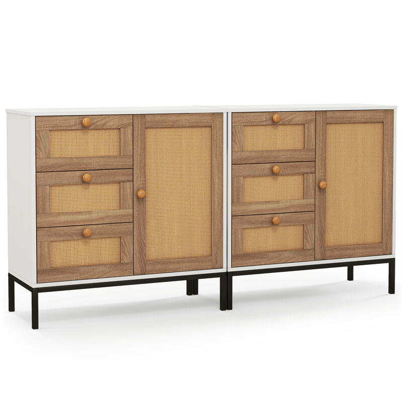 Rattan Sideboard Buffet Cabinet with 1 Door and 3 Drawers-White