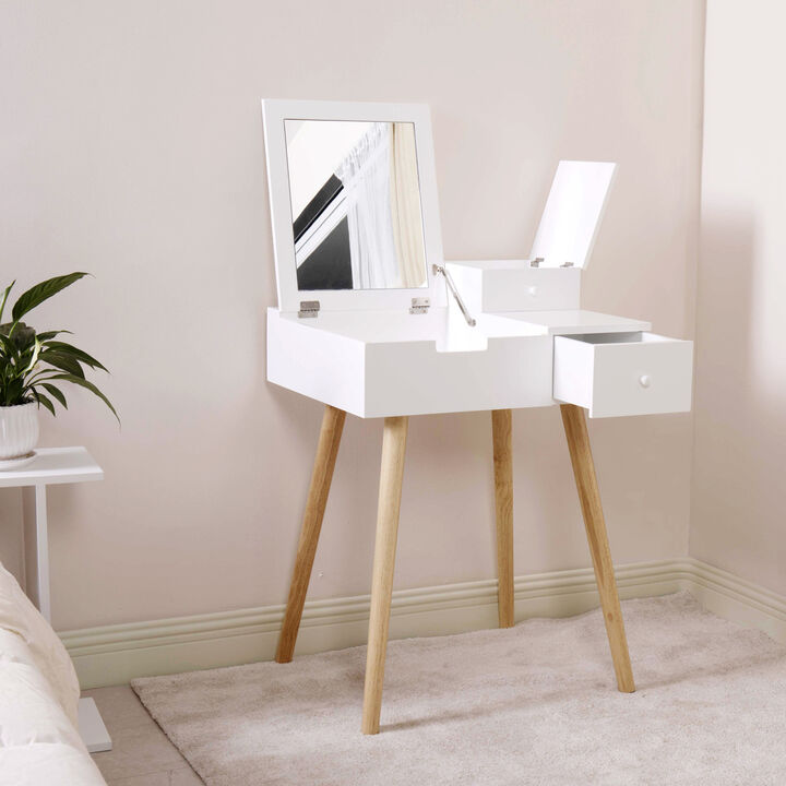 Dressing Vanity Table Makeup Desk with Flip Top Mirror and 2 Drawers for Bedroom Living Life, White