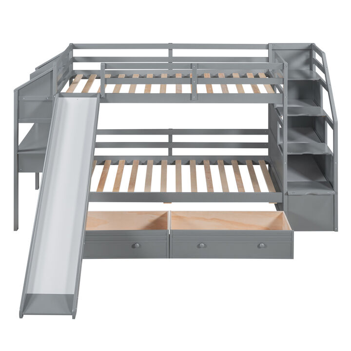 Twin over Twin Bunk Bed with Storage Staircase, Slide and Drawers, Desk with Drawers and Shelves, Gray