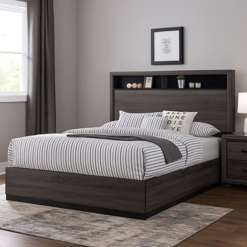 Transitional Wooden Queen Size Platform Bed with Bookcase Headboard, Gray