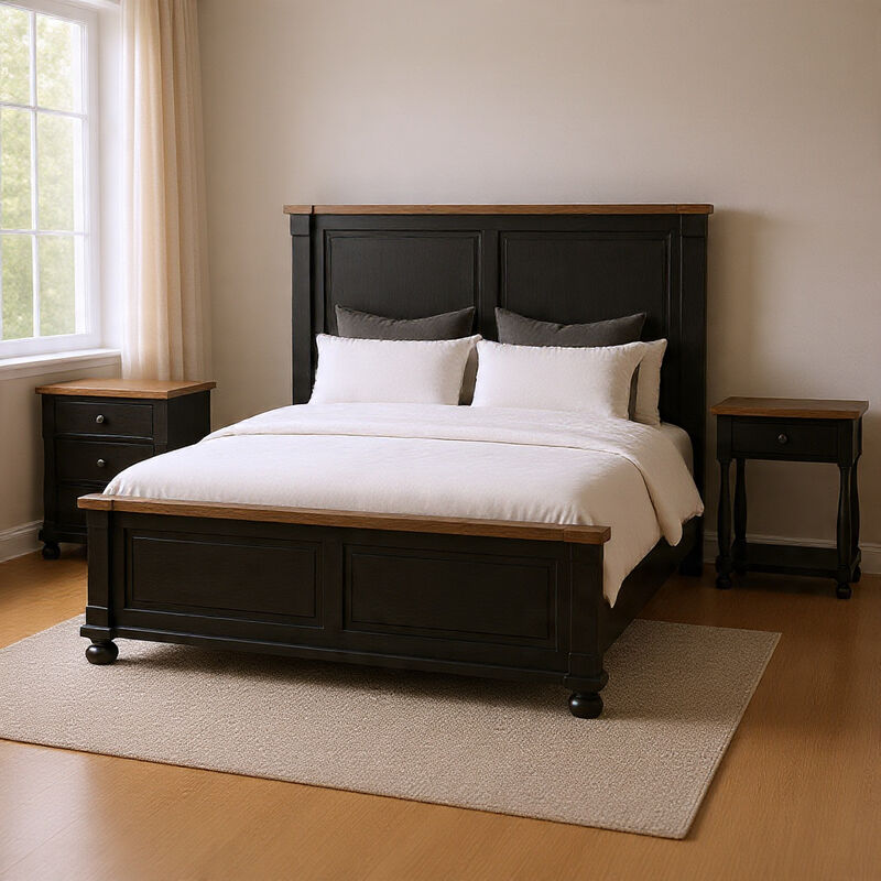 Queen Bedroom Set, Black, Oak Brown, Pewter Wood, 3 Piece Set with 2 Nightstands image number 8