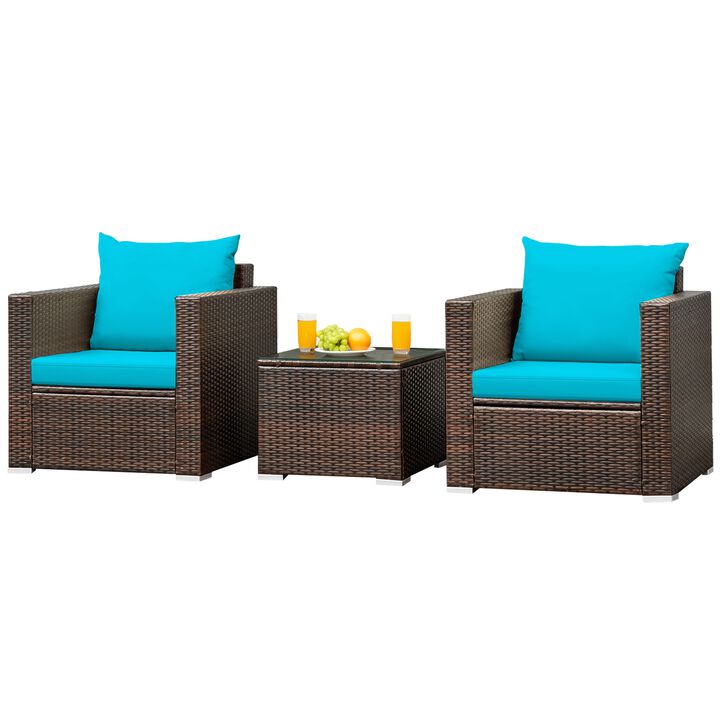 3 Pcs Patio Conversation Rattan Furniture Set with Cushion