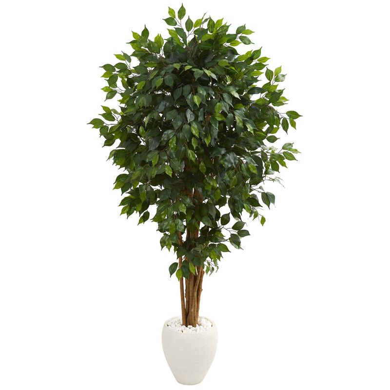 Nearly Natural 6-ft Ficus Artificial Tree in White Planter image number 1