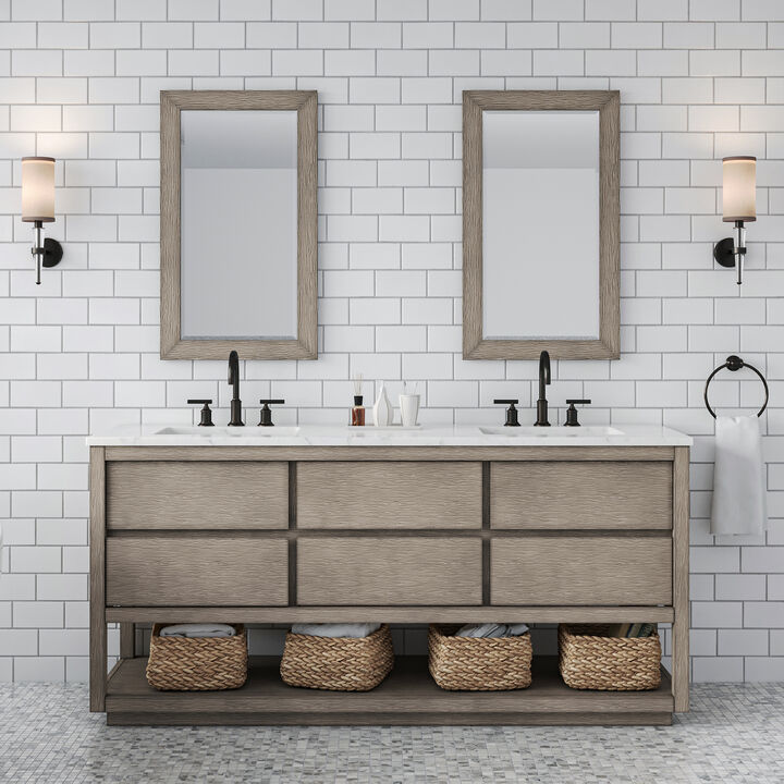 Oakman 72 In. Double Sink Carrara White Marble Countertop Bath Vanity in Grey Oak