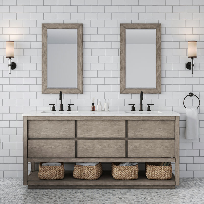 Oakman 72 In. Double Sink Carrara White Marble Countertop Bath Vanity in Grey Oak