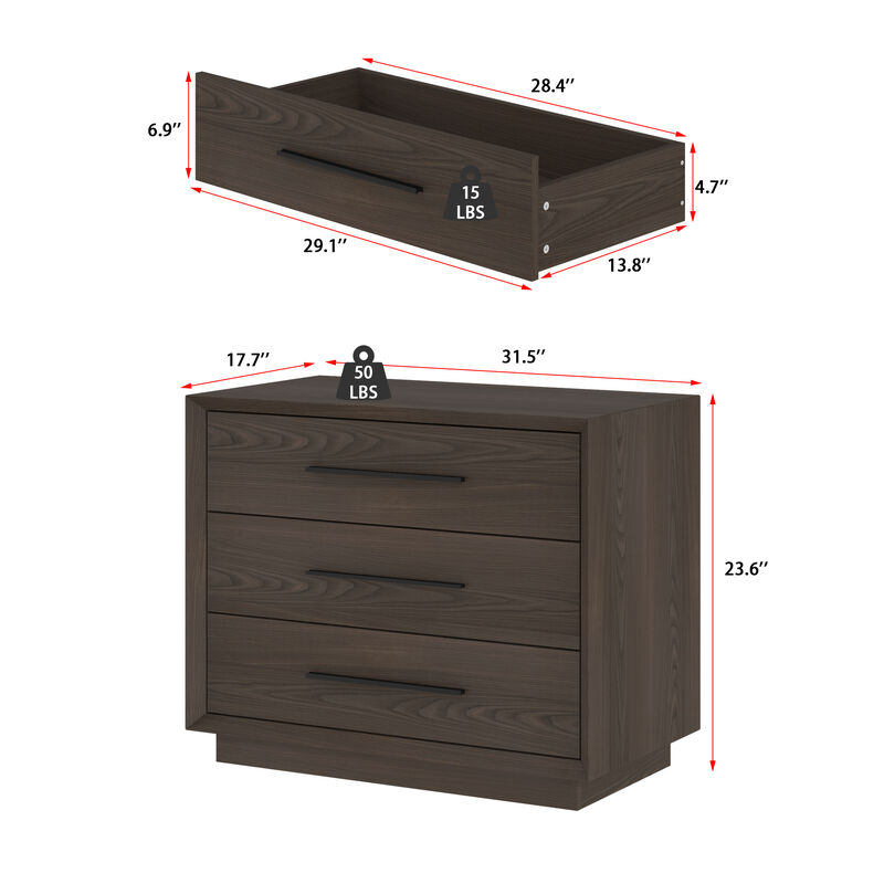 FUFU&GAGA 3-Drawer Nightstand with Black Metal Handles, Deep Brown Woodgrain Finish (31.5"W x 17.7"D x 23.6"H), Dark Brown