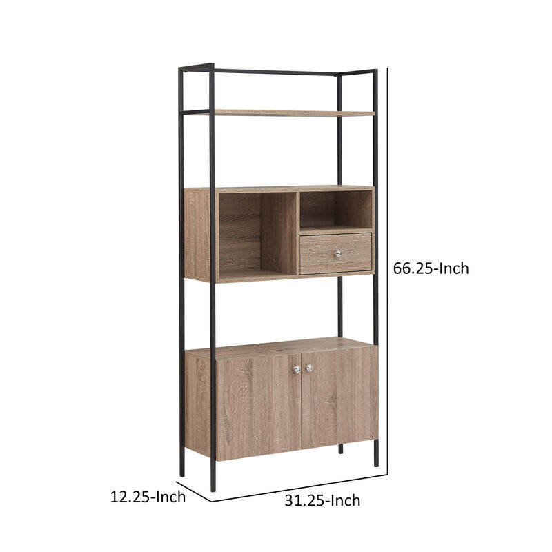 66 Inch 3 Tier Etagere Bookcase with Open Compartment, Cabinet, Black Metal Frame, Light Natural Brown-Benzara image number 6