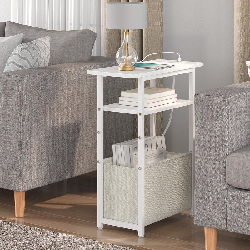 sthmec Narrow Side Table with Charging Station, Small End Table for Small Spaces, Skinny Nightstands with Storage Basket, 3 Tier