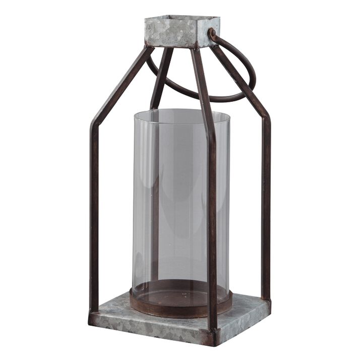 Geometric Lantern with Glass Hurricane, Set of 2, Black and Gray-Benzara